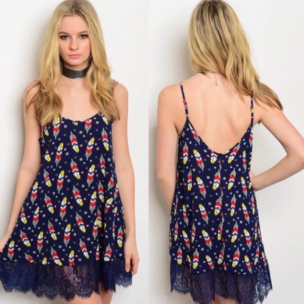 NWT! WonderLust LA Navy Feather Print Shift Dress